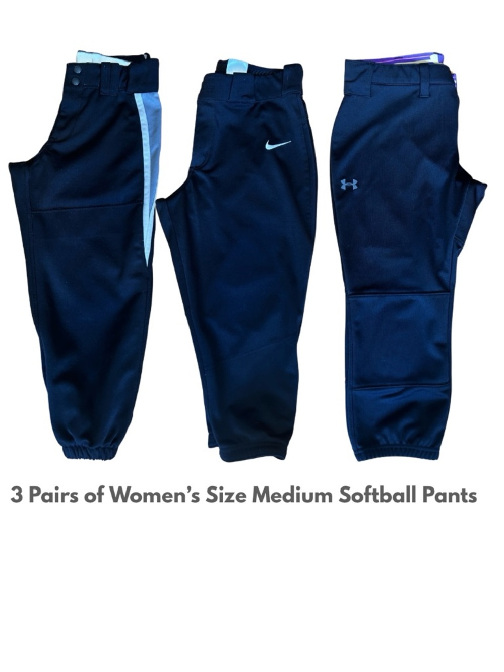 Lot of 3 Women's Softball Pants - Black with White Accents (Nike + Under Armour)